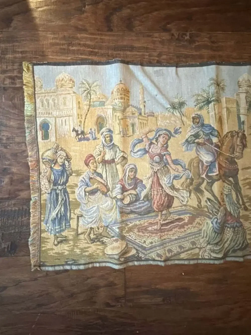 Vintage Woven Tapestry Middle Eastern Market Scene Size 33x18